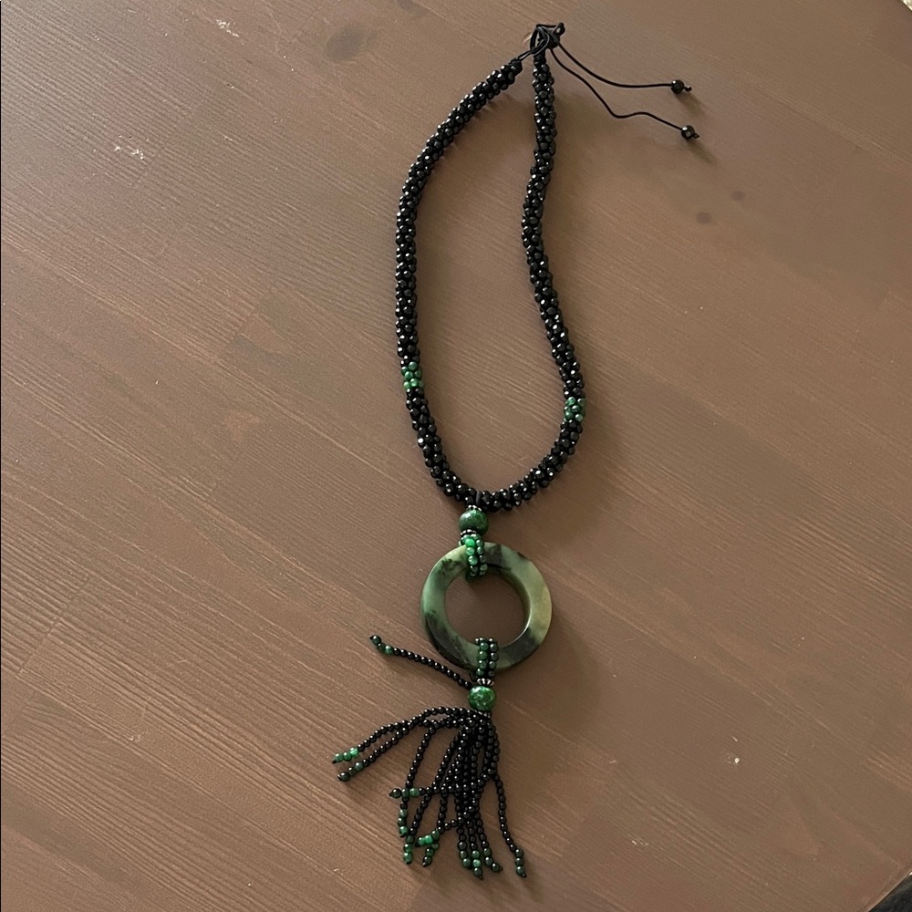 Elegant Black and Green Beaded Necklace, Chinese design, not real jade
